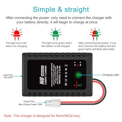 NiCD NiMH Battery Charger for 2-8S Battery Packs of Airsoft RC Car Drone | Fast RC NiCD NiMH Battery Chargers Compatible with Standard Tamiya/Mini Tamiya/Alligator Clips Connectors