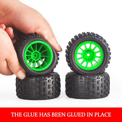 Pre-Glued 1/16 & 1/18 RC Monster Truck Rubber Tires & Plastic Wheels Rims | Rubber Tires with Foam Inserts Fits for ARRMA Granite 1/18 Granite/Typhon, WLtoys A949, MJX Hyper Go H16, 4Pcs-Green - color: Green