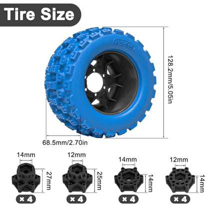 LRFHL MX28 F/R 2.8" RC Monster Truck Tires and Wheels 4PCS, Blue | 12mm/14mm Hex Adapter, 1/10 RC Monster Truck, Compatible with Traxxas Stampede Rustler Redcat Arrma Vorteks Big Rock Granite - color: Blue Tires+ Black Hex Wheel-2