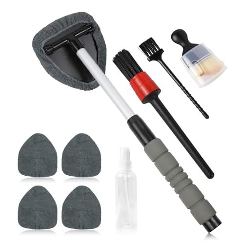 wuyaoyao 14PCS Car Windshield Cleaning Tool, Car Glass Wiper Kit with Window Cleaner, Microfiber Pads, Spray Bottle, Extendable Handle, Interior Detailing Dust Brush, Car Cleaning Supplie (Gray) - color: Gray