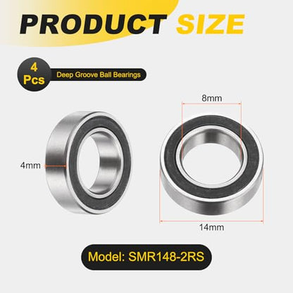 uxcell 4Pcs SMR148-2RS Deep Groove Ball Bearings, 8x14x4mm 440C Stainless Steel Double Shielded Bearings, ABEC 5 - size: 8x14x4mm