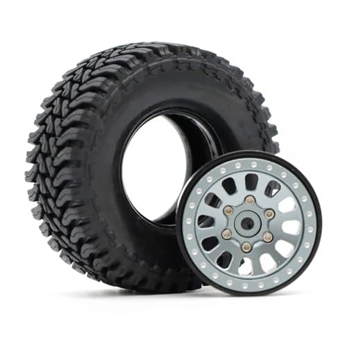 1.3” Brass Beadlock Wheels & All-Terrain Tires Set for 1/18 1/24 RC Crawler TRX4M, Axial SCX24 / AX24, Redcat Ascent-18, FMS FCX24, -5.40mm Offset, 7mm Hex, 4 pcs, Gunmetal Gray