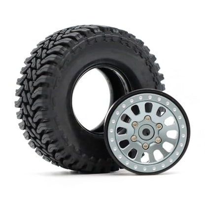 1.3” Brass Beadlock Wheels & All-Terrain Tires Set for 1/18 1/24 RC Crawler TRX4M, Axial SCX24 / AX24, Redcat Ascent-18, FMS FCX24, -5.40mm Offset, 7mm Hex, 4 pcs, Gunmetal Gray