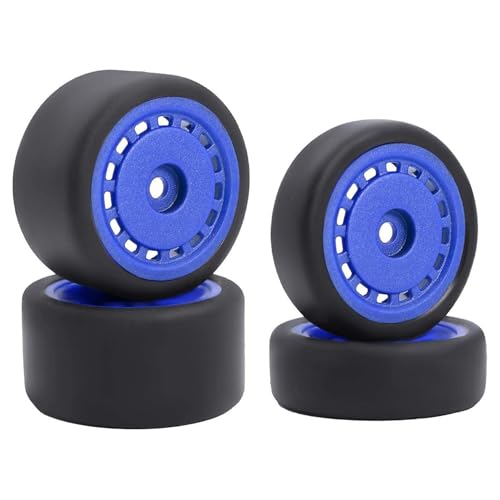 4PCS Pre-Glued On-Road Drift Racing Smooth Rubber Tires and Wheel Rims Set 7MM Hexagon for 1/24 Losi Micro-B RC Car Upgrades Parts (Blue) - color: Blue