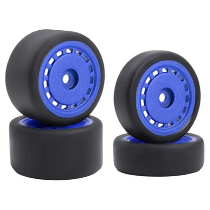 4PCS Pre-Glued On-Road Drift Racing Smooth Rubber Tires and Wheel Rims Set 7MM Hexagon for 1/24 Losi Micro-B RC Car Upgrades Parts (Blue) - color: Blue