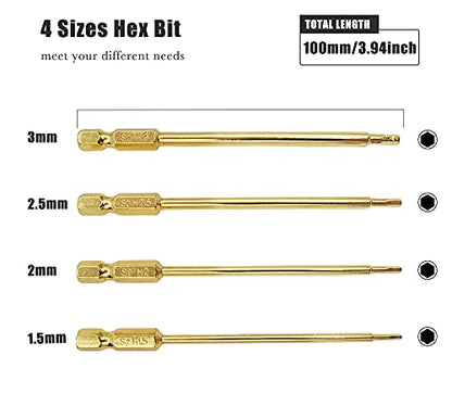 S2 Steel Titanium RC Hex Bit Set 1.5 2.0 2.5 3.0mm for Power Drill | Hex Head Allen Wrench Hexagon Screwdriver Tool Kit 1/4" Hex Shank 3.9" Long for Screwgun/Power Drill RC Repair Working
