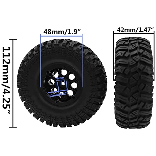 8-Hole 1.9" Rubber Tires Inflatable OD112mm & 12mm Hex Hub Plastic Beadlock Wheel Rims Compatible with 1/10 Axial SCX10 Tamiya CC01 TF2 RC Off-Road Crawler Car