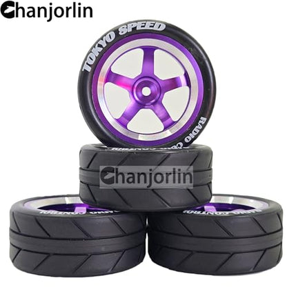 1/10 On Road Racing Tires And 5-Spoke Aluminum Wheels 12mm Hex OD 2.56" RC Touring Tyres For 1:10 Rally Street Drift Car Tamiya TT01 TT02 XV01 A959 PTG2 KYOSHO HSP Traxxas 4PCS (Purple) - color: Purple