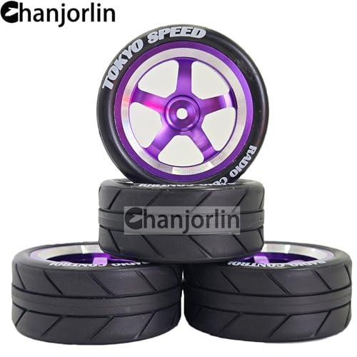 1/10 On Road Racing Tires And 5-Spoke Aluminum Wheels 12mm Hex OD 2.56" RC Touring Tyres For 1:10 Rally Street Drift Car Tamiya TT01 TT02 XV01 A959 PTG2 KYOSHO HSP Traxxas 4PCS (Purple) - color: Purple