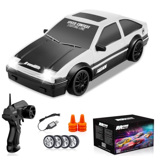 RC Drift Car 1/24 2.4GHz Remote Control Cars, 4WD High Speed Drift RC Cars with Cool LED Lights, Extra Drifting Tires Racing Toys Car for Kids Boys Girls Adults (White) - color: White
