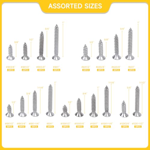 542PCS #4#6#8#10#12 Phillips Flat Head Screw Set Stainless Steel Wood Screws Assortment Kit, Assorted Sheet Metal Self Tapping Screws, 18-8(304) Stainless Steel (Flat Silver) - style: flat silver