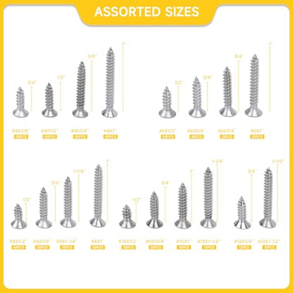 542PCS #4#6#8#10#12 Phillips Flat Head Screw Set Stainless Steel Wood Screws Assortment Kit, Assorted Sheet Metal Self Tapping Screws, 18-8(304) Stainless Steel (Flat Silver) - style: flat silver