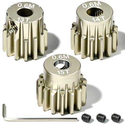 3PCS 0.6M Pinion Gear 13T 14T 15T Set, 7075 Aluminum Alloy 0.6Mod RC Motor Gears with 3.175mm Bore for 540 550 Brushed Brushless Motors, Compatible with 1/10 Tamiya Redcat HSP HPI RC Cars - size: 13 14 15T