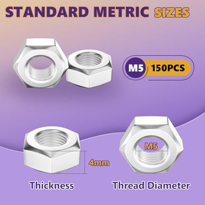 150Pcs M5-0.8mm Hex Nut Set 304 Stainless Steel | Rust Resistant, For Machinery, Automotive & DIY Projects, Storage Case Included - size: 150Pcs-M5