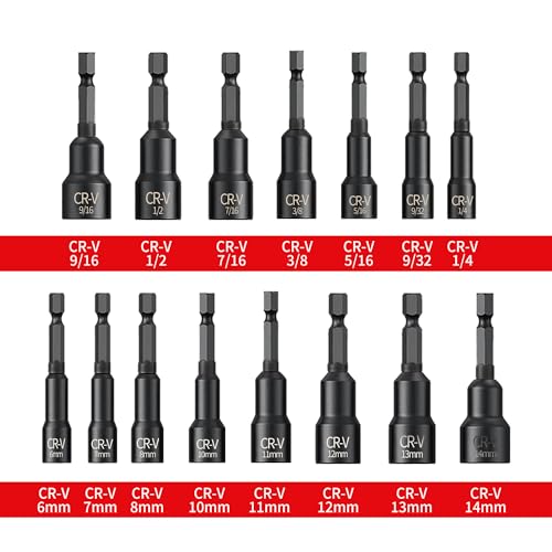 15PCS Magnetic Nut Driver Set,Impact Power Hex Nut Driver Drill Bit Master Kit, SAE & Metric, 1/4-Inch Quick-Change|Cr-V Steel - size: 15PCS 2.5 Inch Magnetic Nut Driver Set