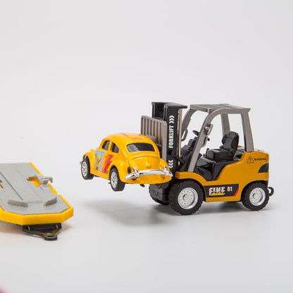 1:64 Mini Alloy RC Forklift, 2 Mode Forklift Truck with Sound and Lights Flatbed Truck & Forks, Pallet & Hook, USB Rechargeable, for Adult & Collectors