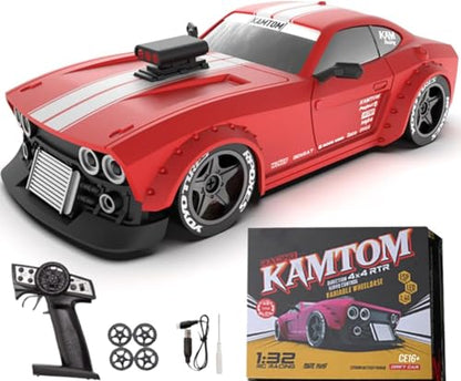 RC Drift Car 1/32 Scale High-Speed 4WD Mini Electric Remote Control Car, 30 km/h with Gyro Stabilization and LED Lights, Suitable for Adults (KM3299-Red) - color: Red