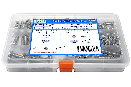 iexcell 140 Pcs M6 x 8/10/12/16/20/25/30 Stainless Steel 304 Hex Socket Button Head Cap Screws Bolts Nuts Assortment Kit - size: M6 x 8/10/12/16/20/25/30mm