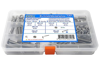 iexcell 140 Pcs M6 x 8/10/12/16/20/25/30 Stainless Steel 304 Hex Socket Button Head Cap Screws Bolts Nuts Assortment Kit - size: M6 x 8/10/12/16/20/25/30mm