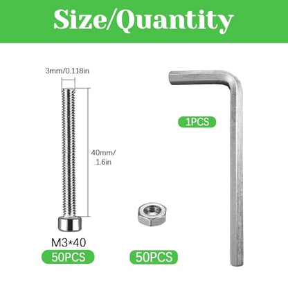 100 Pcs M3 x 40mm Socket Head Cap Screws Metric, Allen Socket Drive, 304 Stainless Steel, Full Thread, Bright Finish, Machine Thread - size: M3 x 40-100Pcs-Silver