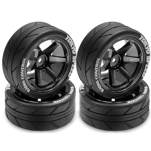 1/10 RC On Road Tires OD 65mm and Aluminum Street Wheels 12mm Hex Touring Tyres for 1:10 Rally Racing Drift Car Tamiya TT01 TT02 XV01 HPI KYOSHO HSP PTG2 Traxxas TA06 A959 PTG2 (Black) - color: Black