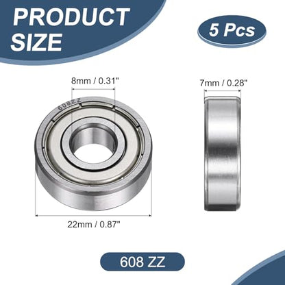 uxcell 5 Pack 608 ZZ Deep Groove Ball Bearings, 8x22x7mm Chrome Steel Double Shield Bearing for Electric Motor, Home Appliances, Garden Machinery, (ABEC5) - size: 608 ZZ