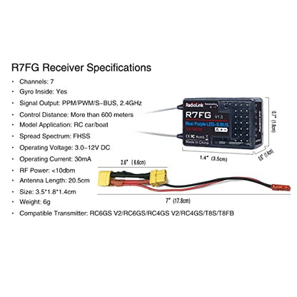 HTLNUZD Radiolink R7FG RC Car Receiver 7 Channel 2.4GHz Gyro Telemetry Voltage Surface IPX4 Waterproof RX Controller Compatible Long Range RC6GS v3/RC4GS v2/RC4GS/RC6GS Transmitter