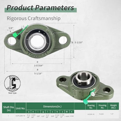 UCFL205-16 Pillow Block Bearing, Flange-Mount Ball Bearing Unit, 1 in Bore, 2-Bolt Flange, Self Aligning Cast Iron Housing, Set Screw Locking Style Flange Pillow Block Bearing (Pack of 2) - size: 5.118 in (Pack of 2)