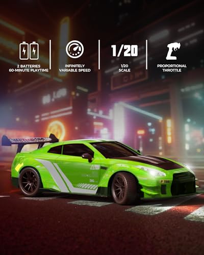 Drift RC Car, 1:20 Scale 2.4GHz 4WD 20KM/H Remote Control Cars | LED lights, drift tires & racing tires, 2 batteries, proportional throttle control - color: Green