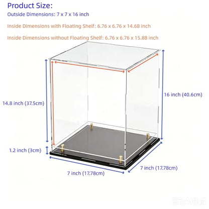 Acrylic Display Case with Raised Shelf, Clear Display Box with Black Base & Gold Standoffs, Dustproof Showcase for Collectibles, Figures, Model Cars – Easy Assembly (7×7×16 Inch) - size: 7"L x 7"W x 16"H
