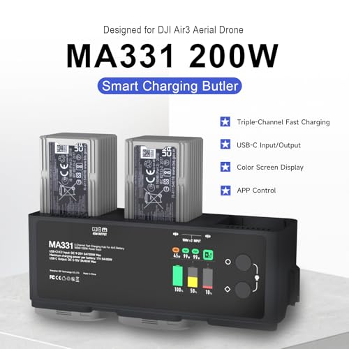 MA331 Air 3/3S Battery Charging Hub 200W 3 Channel Fast Charger for DJI Air3s/Air3 Drone Portable Charger with APP Connection LED Display and Discharge Function