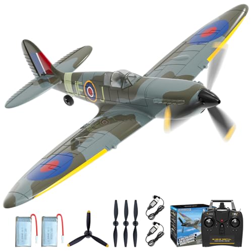 CKYSCHN RC Plane 4 Channel & X-Pilot Gyro, Spitfire RC Airplanes for Adults | VOLANTEXR RTF Remote Control Airplane with 3-Level Mode for All Skill Levels, One Key Aerobatic for Beginners - color: Green-76112