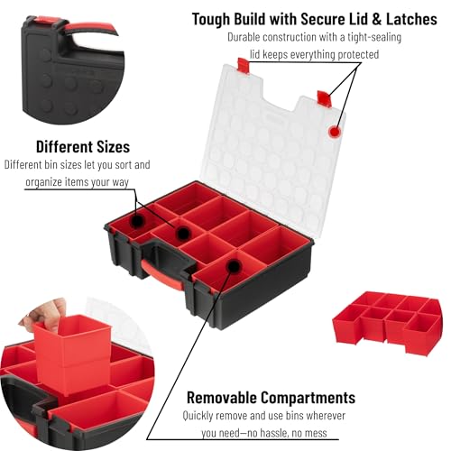 INTERTOOL Hardware Organizer with 8 Deep Removable Bins - Small Parts Storage Tool Box for Nuts, Bolts, Screws, Nails - 16.5" x 13" x 4.5" - Portable Handle Transparent Lid with Locks BX08-4034 - style: 8 Removeable Bins, Deep
