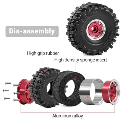 1.0" Beadlock Wheels and Tires for SCX24 TRX4M RC Crawle (Red) | 7mm Hex, Offset 0 mm, Soft Rubber Tires, 1/18 1/24 RC Crawler Upgrade Parts - color: Red 102