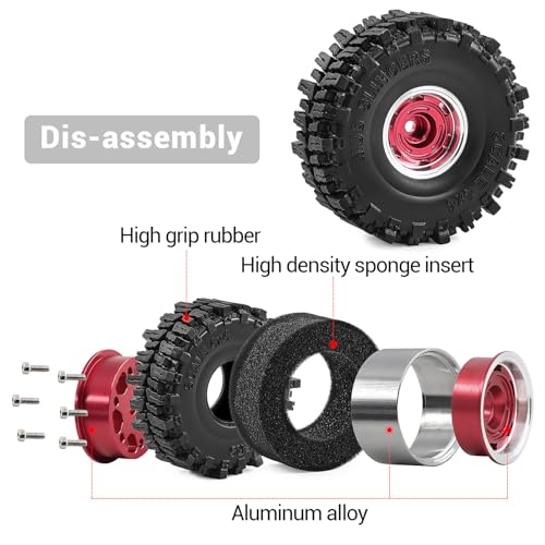 1.0" Beadlock Wheels and Tires for SCX24 TRX4M RC Crawle (Red) | 7mm Hex, Offset 0 mm, Soft Rubber Tires, 1/18 1/24 RC Crawler Upgrade Parts - color: Red 102