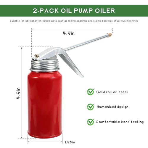 2 PCS Oil Can Pump Oiler, 200ml Metal Hand Pump Oiling Spray Can with Rigid Spout, Manual Engine Oil Dispenser Oiling Bottle for Home Motorcycles Bike Car Applications