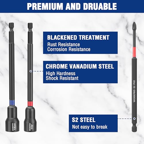 WORKPRO 16 PCS Magnetic Nut Driver Set, 6" Long Nut Drivers & Power Bits | Metric & SAE Nut Drivers for Impact Drill, Long Shank Nut Driver Bits, 1/4"Hex Shank, PH2, with Sturdy Tool Box - size: 16PCS Magnetic Long Nut Driver Set
