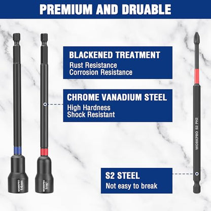 WORKPRO 16 PCS Magnetic Nut Driver Set, 6" Long Nut Drivers & Power Bits | Metric & SAE Nut Drivers for Impact Drill, Long Shank Nut Driver Bits, 1/4"Hex Shank, PH2, with Sturdy Tool Box - size: 16PCS Magnetic Long Nut Driver Set