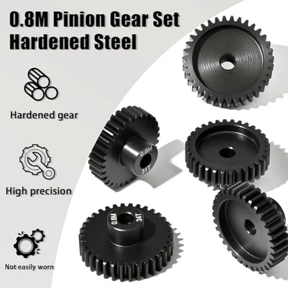 5Pcs 0.8M Hardened Steel Pinion Gear Set 5mm Shaft 31T 32T 33T 34T 35T Motor Pinion Gear with M4 Screw and Hex Key, for Arrma HPI Kyosho Losi Axial Traxxas Tamiya 1/10 RC Car and 540/550 Motors - size: 0.8M-5mm-31-35T
