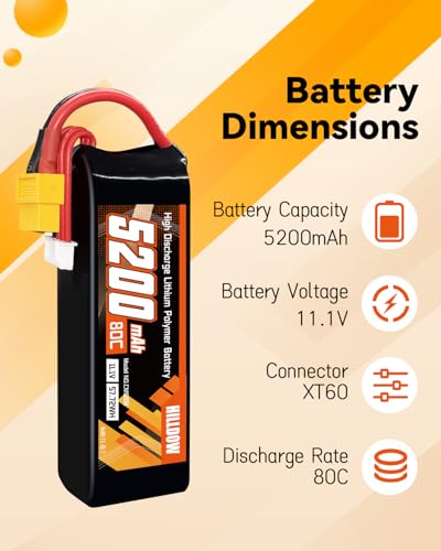 Hilldow 3S Lipo Battery 80C 11.1V 5200mAh Soft Case RC Lipo Battery with XT60 Connector for RC Airplane Helicopter Quadcopter Drone