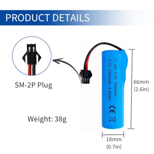 3.7V 1200mAh Li-ion Battery SM-2P Plug and 4-in-1 USB Charger for RC Cars RC Trucks Toy Robots Stunt Cars Bazooka Rocket Bubble Gun Replacement Battery