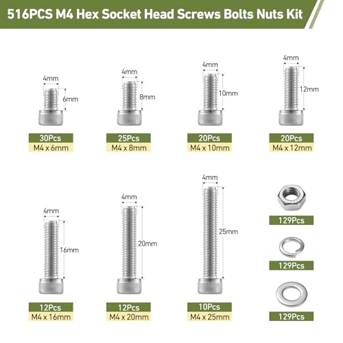 516PCS M4 Screws Assortment Kit, 304 Stainless Steel 18-8 Hex Socket Head Cap Screws Bolts Nuts and Washers Set, M4 x 6/8/10/12/16/20/25mm, for 3D Printer - size: SS M4 516PCS Socket Cap