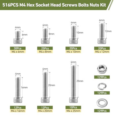 516PCS M4 Screws Assortment Kit, 304 Stainless Steel 18-8 Hex Socket Head Cap Screws Bolts Nuts and Washers Set, M4 x 6/8/10/12/16/20/25mm, for 3D Printer - size: SS M4 516PCS Socket Cap