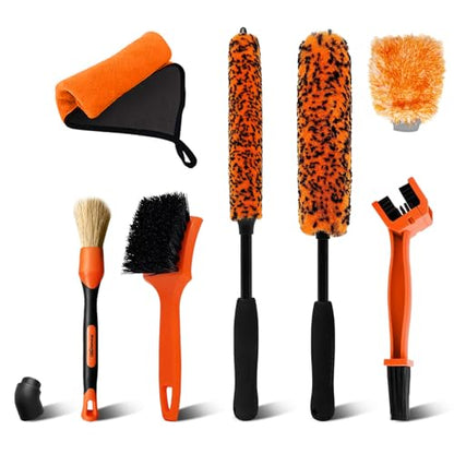 YeewayVeh 7PCS Motorcycle Cleaning Kit, 2-Size Bendable Wheel Brush, Orange | Tire & Chain Brush, Boars Hair Detailing, Wash Mitt, Microfiber Towel for Dirt Bike & Car Wheels