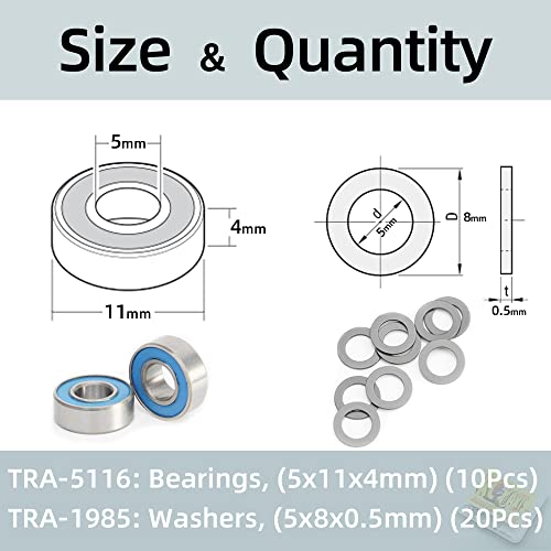 TRA Kit 5116 Ball Bearings, Blue Rubber Sealed 5x11x4mm (10) with 1985 PTFE-Coated Washers, 5x8x0.5mm (20) for Traxxas