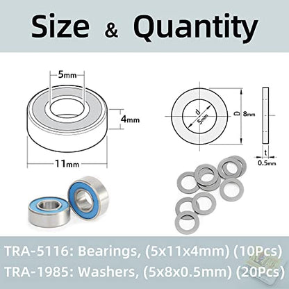 TRA Kit 5116 Ball Bearings, Blue Rubber Sealed 5x11x4mm (10) with 1985 PTFE-Coated Washers, 5x8x0.5mm (20) for Traxxas