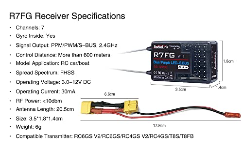 Radiolink 2.4Ghz R7FG 7 Channels Gyro Receiver with Voltage Telemetry Long Range Control, Water-Splash RX for RC Crawler Car Boat Radio Controller System RC4GS v2/RC6GS v2/RC4GS/RC6GS