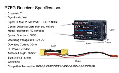 Radiolink 2.4Ghz R7FG 7 Channels Gyro Receiver with Voltage Telemetry Long Range Control, Water-Splash RX for RC Crawler Car Boat Radio Controller System RC4GS v2/RC6GS v2/RC4GS/RC6GS
