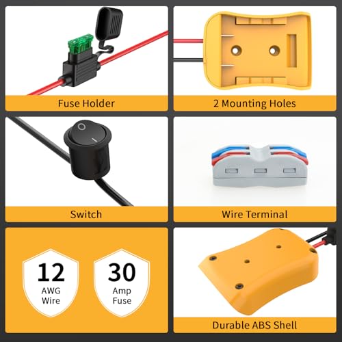 Kzreect 2 Pack for Power Wheel Adapter Compatible with Dewalt 20V Battery | 12AWG, Wire Terminals, 30A Fuse Holder, Switch, Battery Converter Kit for DIY RC Car Toys LED Motor - size: 2 Pack