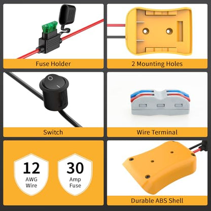 Kzreect 2 Pack for Power Wheel Adapter Compatible with Dewalt 20V Battery | 12AWG, Wire Terminals, 30A Fuse Holder, Switch, Battery Converter Kit for DIY RC Car Toys LED Motor - size: 2 Pack